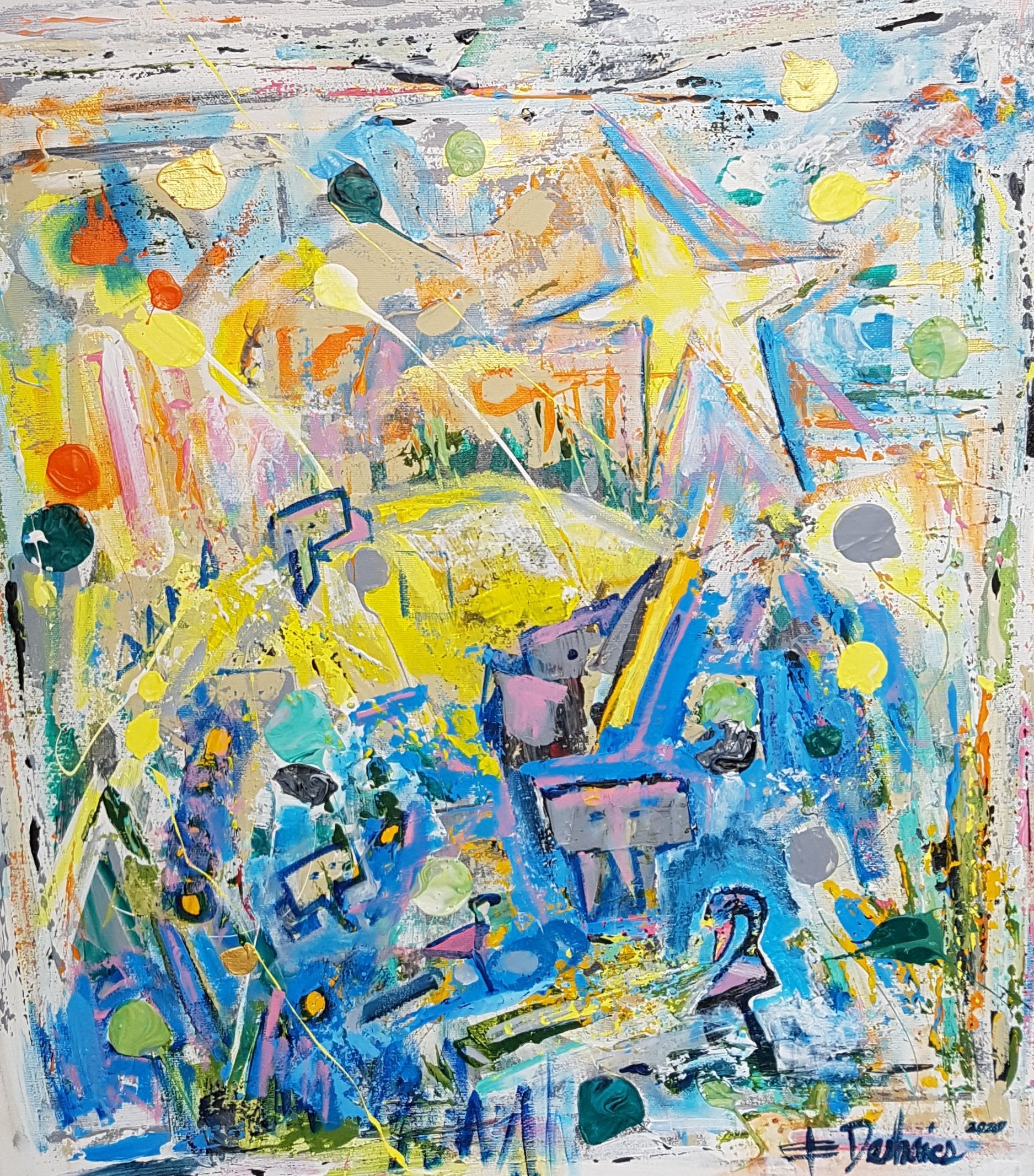 The Elephant and The Duck is a large acrylic based painting by Quebec artist, Eric Deshaies. Gallery wrapped canvas measuring 20" x 24" x 7/8". Bright and colourful, it lends light to a space.