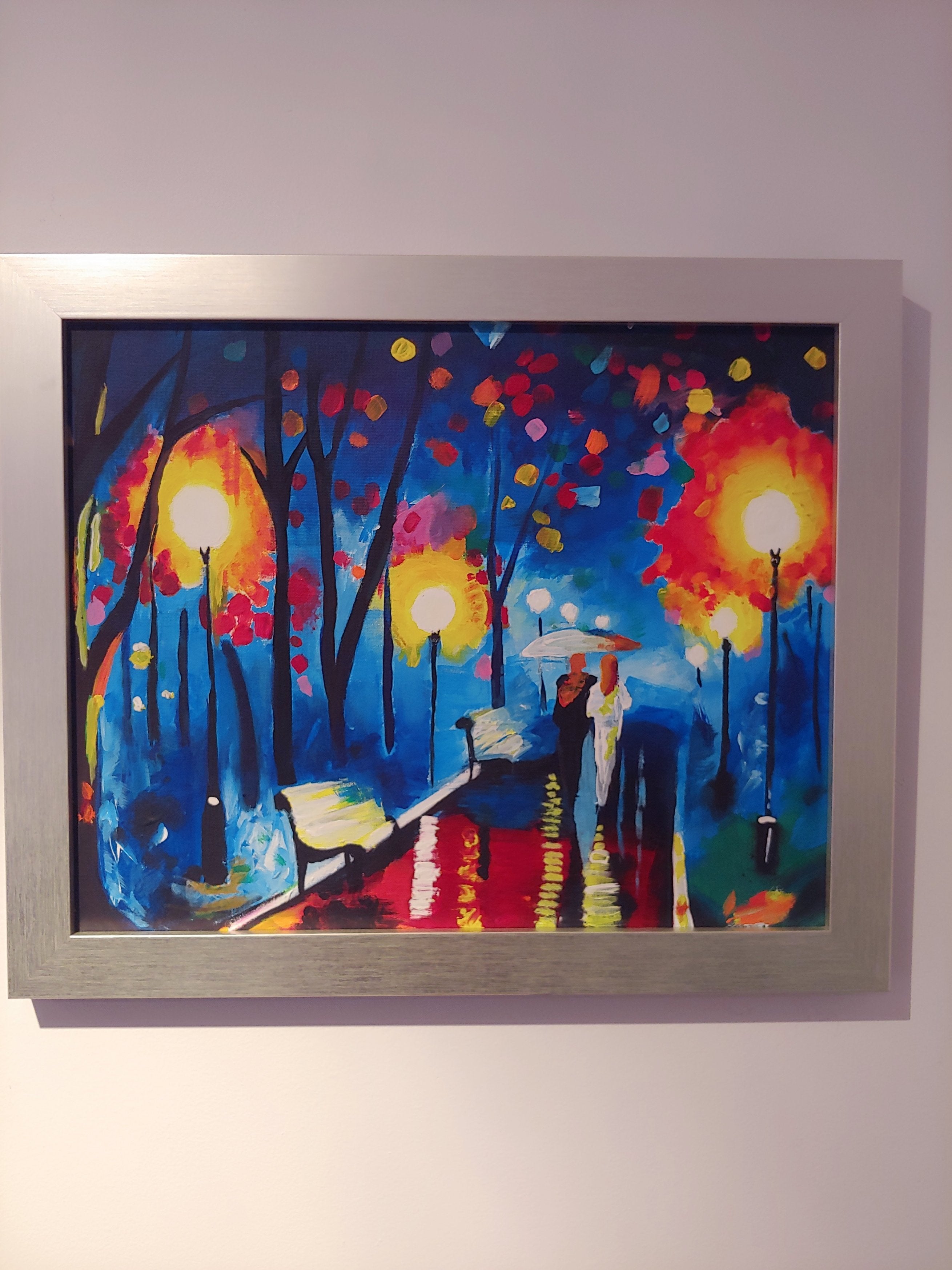 Central Park After Dark, Acrylic on canvas board, by/Anya, Dimensions: 18" x 24". Framed in sophisticated silver/black trim wood frame.