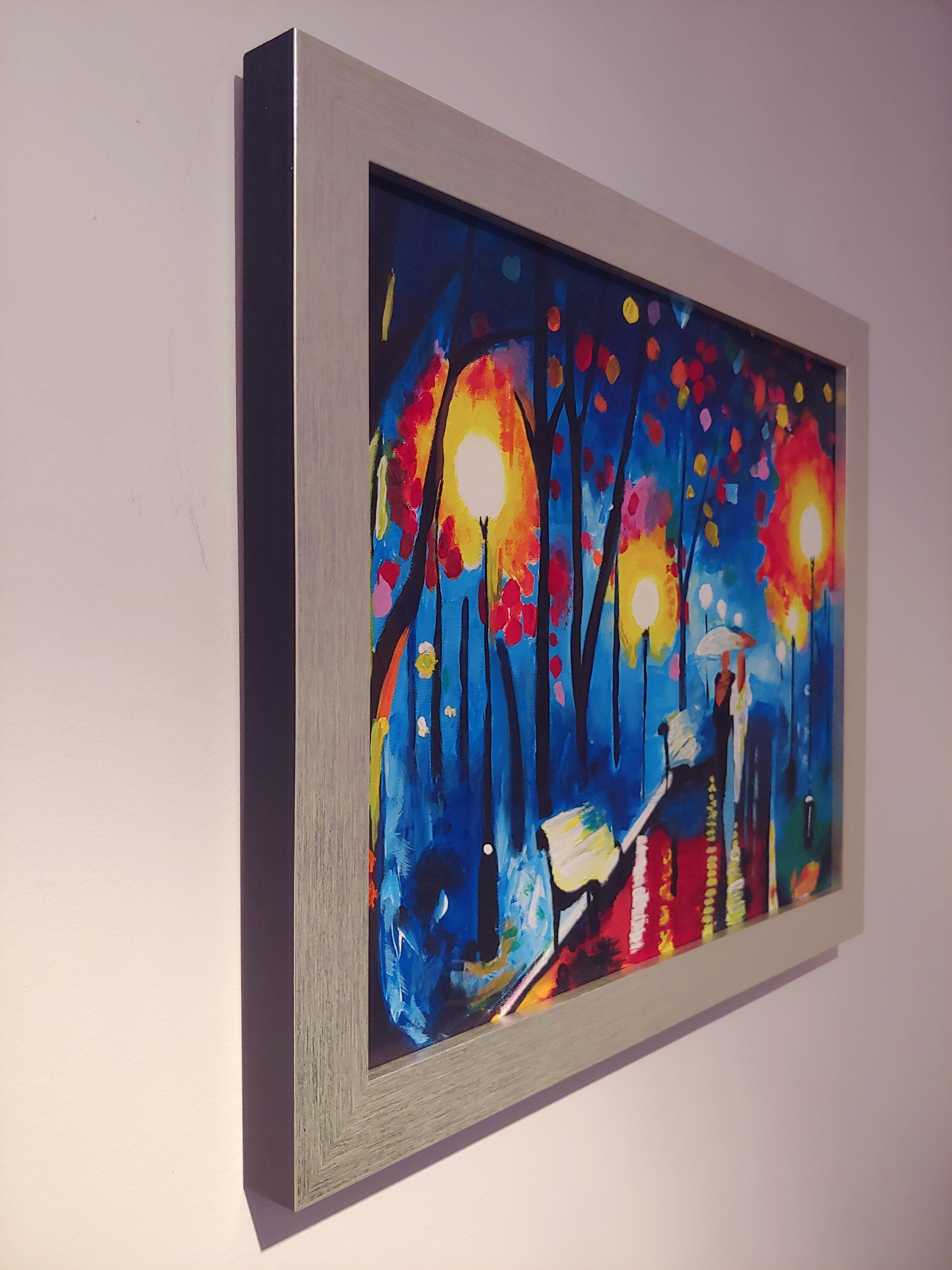 Central Park After Dark, Acrylic on canvas board, by/Anya, Dimensions: 18" x 24". Framed in sophisticated silver/black trim wood frame.