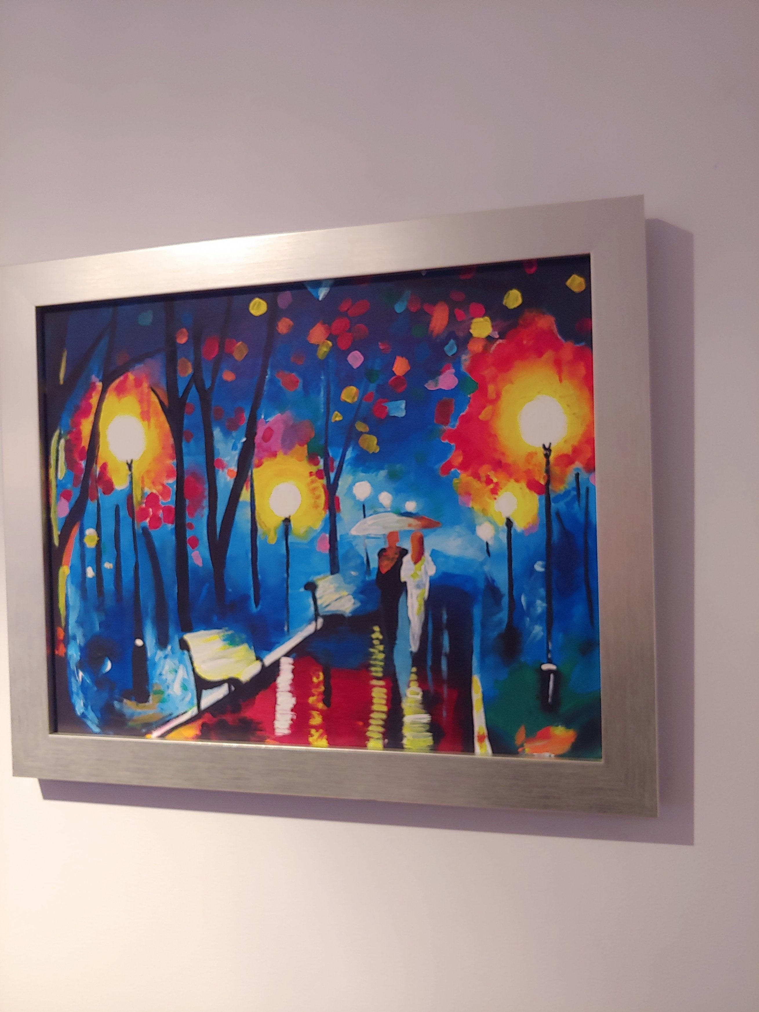 Central Park After Dark, Acrylic on canvas board, by/Anya, Dimensions: 18" x 24". Framed in sophisticated silver/black trim wood frame.