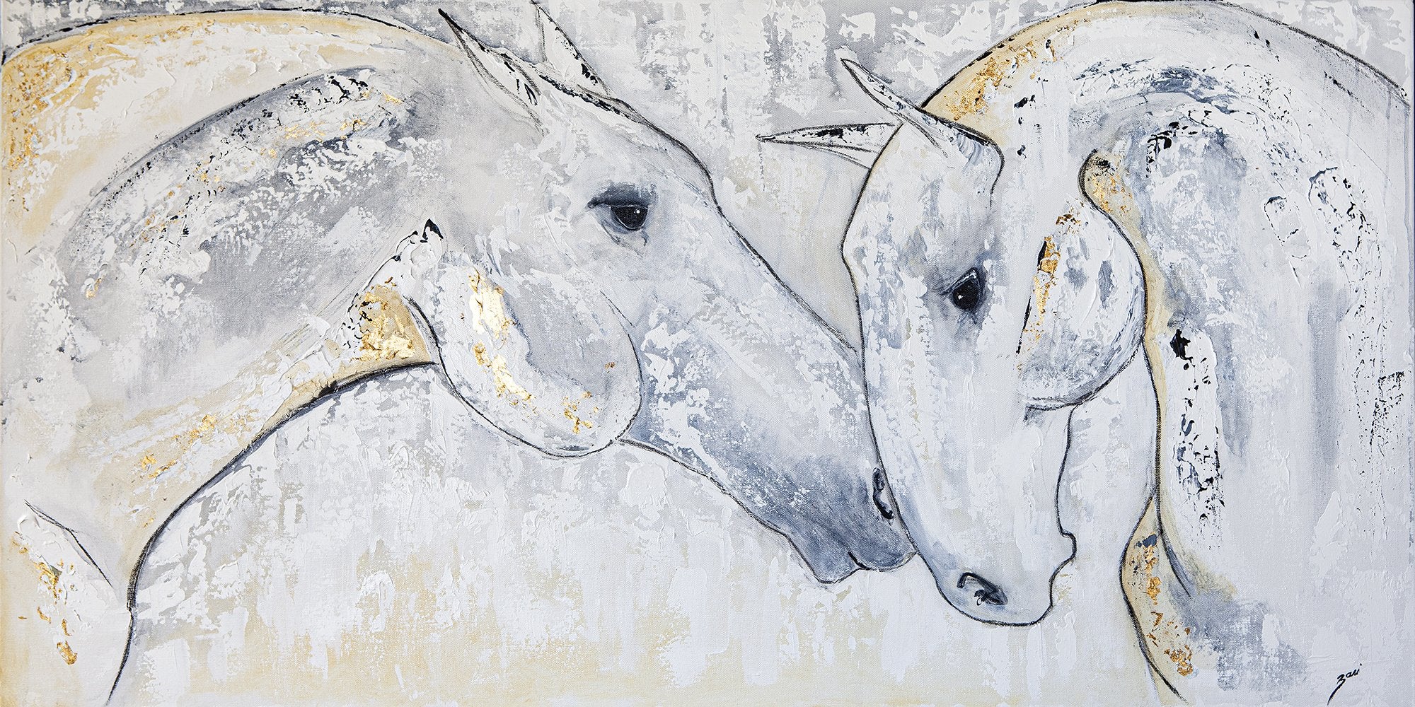 Equine soul mates. Social attachments are literally a matter of life and death. But domesticated horses can form bonds—sometimes with horses they've just met—that exceed the depth and strength of those in nature. BONUS: Framed. Gold Brush Floating Frame Artist: Zari Kazandjian Medium: Acrylic and gold metal leaf on canvas. Dimensions: 24" x 48" Certificate of authenticity signed by artist Worldwide shipping