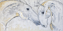 Load image into Gallery viewer, Equine soul mates.  Social attachments are literally a matter of life and death. But domesticated horses can form bonds—sometimes with horses they've just met—that exceed the depth and strength of those in nature.  BONUS: Framed. Gold Brush Floating Frame  Artist: Zari Kazandjian  Medium: Acrylic and gold metal leaf on canvas.  Dimensions: 24" x 48"  Certificate of authenticity signed by artist  Worldwide shipping