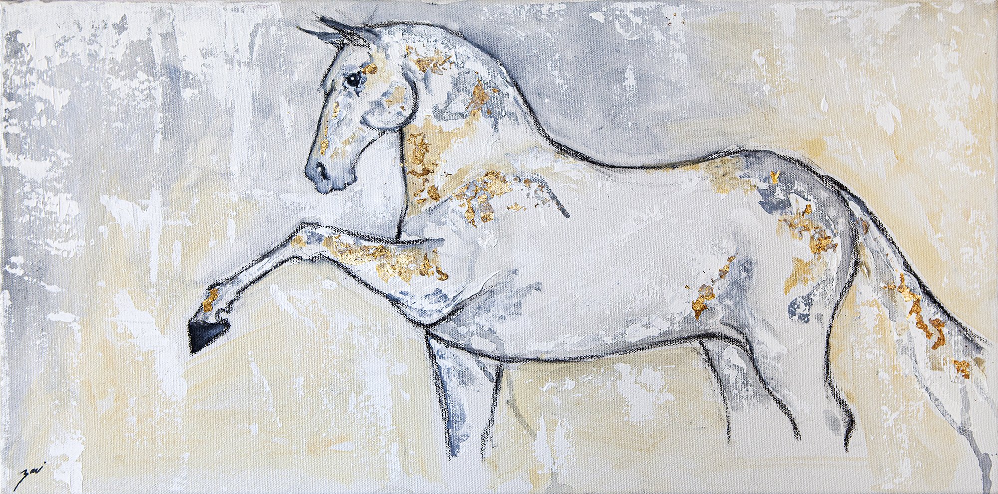 Horses are my passion. Living on a farm surrounded by them I delved into their form. I want to show their majesty and magnificent while emphasizing their soft kindness and vulnerability. They are truly honest creatures that are full of wonder. BONUS: Framed and ready to hang Artist: Zari Kazandjian Medium: Acrylic, metallic leaf on canvas Dimensions: 12" x 24" Authenticity certificate signed by artist Worldwide shipping