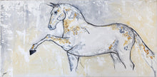 Load image into Gallery viewer, Horses are my passion. Living on a farm surrounded by them I delved into their form. I want to show their majesty and magnificent while emphasizing their soft kindness and vulnerability. They are truly honest creatures that are full of wonder.  BONUS: Framed and ready to hang  Artist: Zari Kazandjian  Medium: Acrylic, metallic leaf on canvas  Dimensions: 12&quot; x 24&quot;  Authenticity certificate signed by artist  Worldwide shipping