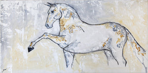 Horses are my passion. Living on a farm surrounded by them I delved into their form. I want to show their majesty and magnificent while emphasizing their soft kindness and vulnerability. They are truly honest creatures that are full of wonder.  BONUS: Framed and ready to hang  Artist: Zari Kazandjian  Medium: Acrylic, metallic leaf on canvas  Dimensions: 12" x 24"  Authenticity certificate signed by artist  Worldwide shipping