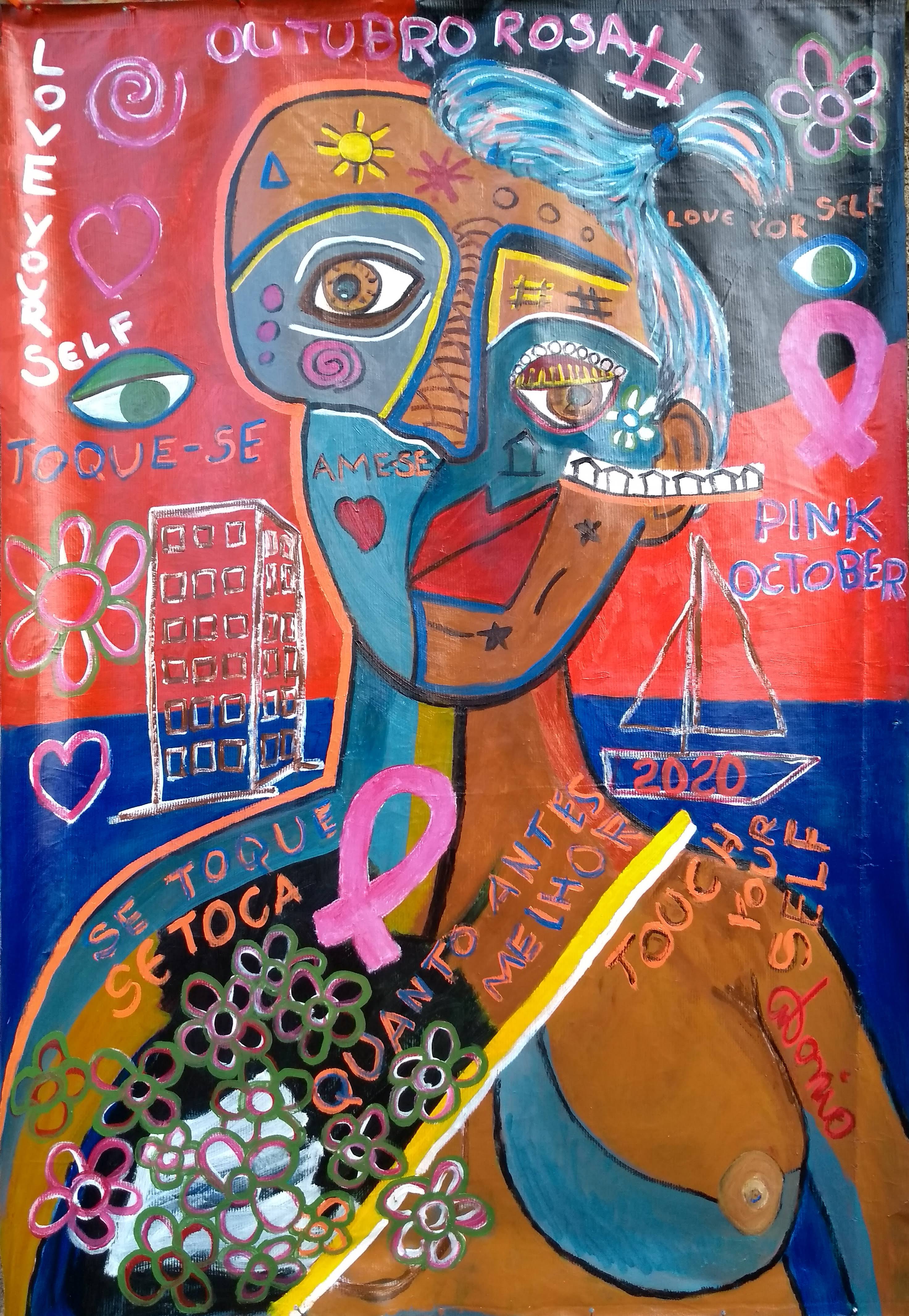 PINK OCTOBER, an important month for women all over the world, in recognition of breast cancer. Brazilian artist, Antonio Souza created this figurative expression with a distorted face, showing a gap that is formed in the thought and in the presence of the women who are surprised by this disease. A disease from which there is often no return. Unable to return to a healthy life...but Antonio sees how prevention is the message he wants to send. PINK OCTOBER was painted on a digital canvas structured in cotto