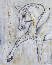 Load image into Gallery viewer, I have always been fascinated and passionate about horses. Painting these animals simply came naturally. Living on a farm surrounded by them I delved into their form. I want to show their majesty and magnificent while emphasizing their soft kindness and vulnerability. These animals are truly honest creatures. I wonder how the world would benefit from the lesson of the horse.  Artist: Zari Kazandjian  Medium: Acrylic and metallic leaf on canvas  Dimensions: 16&quot; x 20&quot;   Authenticity certificate signed by arti