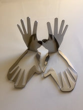 Load image into Gallery viewer, An abstract expression, this modern set of stainless steel hands are upright yet, also mirrored in their base. Signed by the artist, this piece is laser cut, with a thickness of 5mm solid, and the contour of the piece provides the solid base of the sculp