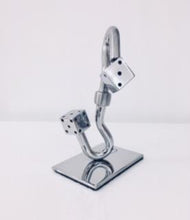 Load image into Gallery viewer, Fresh from the exhibition at the Carousel du Louvre, this sculpture is vaguely suggestive of games of chance, LOUVRE/PRAISE, by sculptor Luiz Campoy. The sculpture has a gleaming stainless steel body punctuated with a pair of dice, raised on a solid stainless steel base. The hooks are folded and welded in stainless steel making it an exceptionally strong structure.  Artist: Luiz Campoy  Medium: Metal / Stainless steel  Genre: Abstract  Signed on the base by the artist