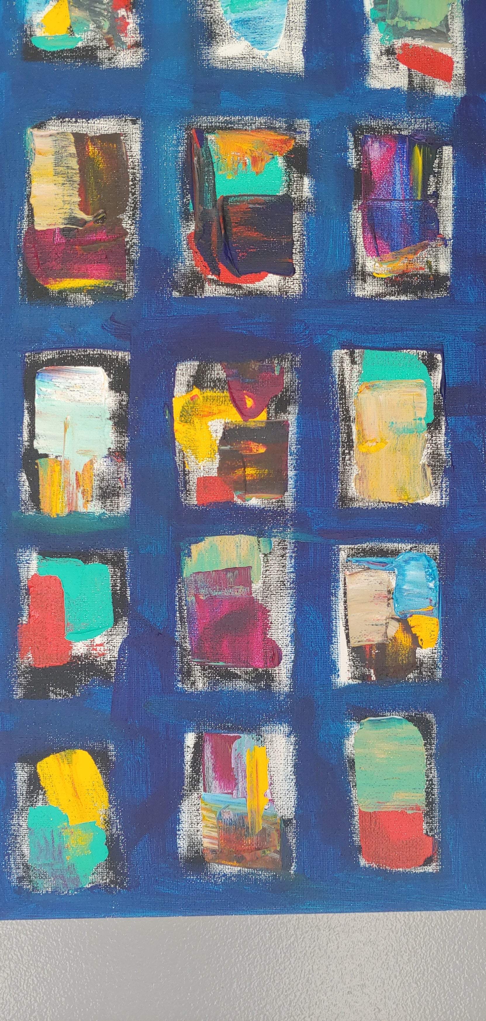Vibrant texture and colour against a backdrop of cobal make this a serene yet dynamic pai