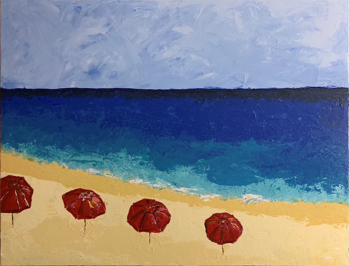 RED BEACH UMBRELLAS / Original Canvas Painting