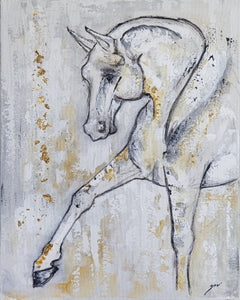 I have always been fascinated and passionate about horses. Painting these animals simply came naturally. Living on a farm surrounded by them I delved into their form. I want to show their majesty and magnificent while emphasizing their soft kindness and vulnerability. These animals are truly honest creatures. I wonder how the world would benefit from the lesson of the horse.  Artist: Zari Kazandjian  Medium: Acrylic and metallic leaf on canvas  Dimensions: 16" x 20"   Authenticity certificate signed by arti
