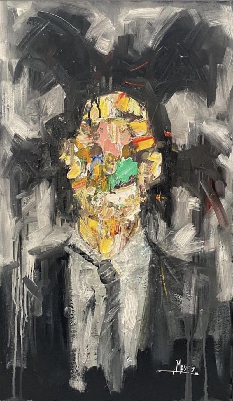 BASQUIAT  -- in his own way. Created by globally recognized emerging artist Moses Salihou     Artist: Moses Salihou  Medium: Oil on canvas  Dimensions: 36" x 22"  Authenticity certificate signed by artist  Worldwide shipping